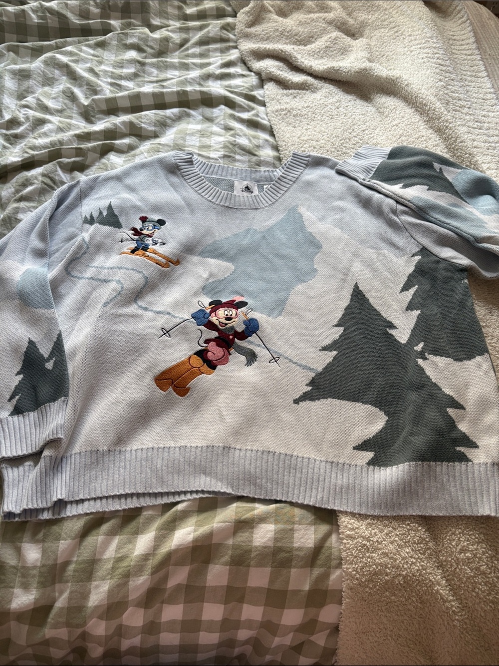 Disney Light Blue Mickey Ski Crewneck Sweater with Mountain Scene